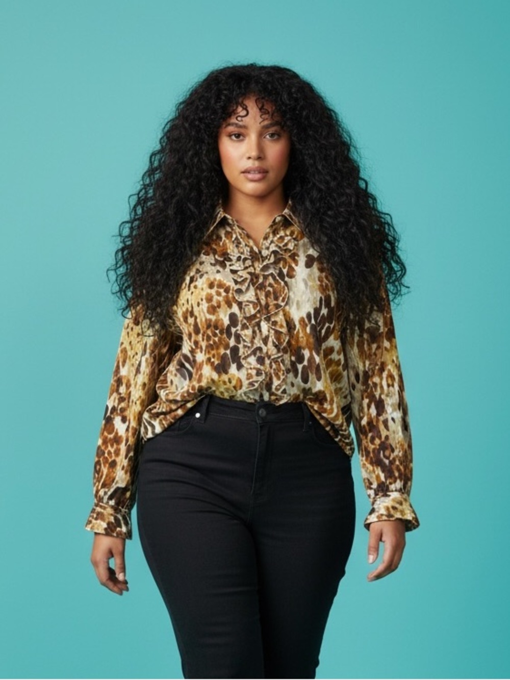 Cj Banks Brown Gold Ruffle Button Front Semi Sheer Blouse Plus Size 3X